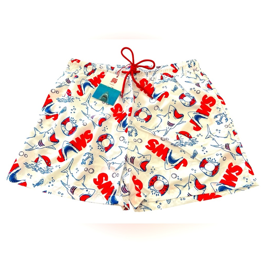 Jaws 50th Anniversary Swim Shorts Trunks Size 2XL Red White Blue Sharks NWT